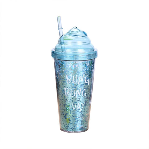 New 500ml Glitters Pattern Double Layer Plastic Straw Bottle